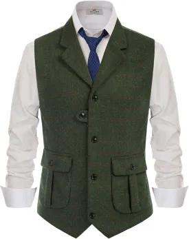 PJ PAUL JONES Mens Western Herringbone Suit Vest Tweed Wool Blend Slim Fit Waistcoat