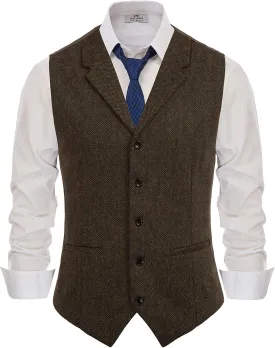 PJ PAUL JONES Mens Western Herringbone Suit Vest Tweed Wool Blend Slim Fit Waistcoat
