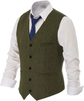PJ PAUL JONES Men's Western Herringbone Tweed Suit Vest Wool Blend V Neck Slim Fit Waistcoat