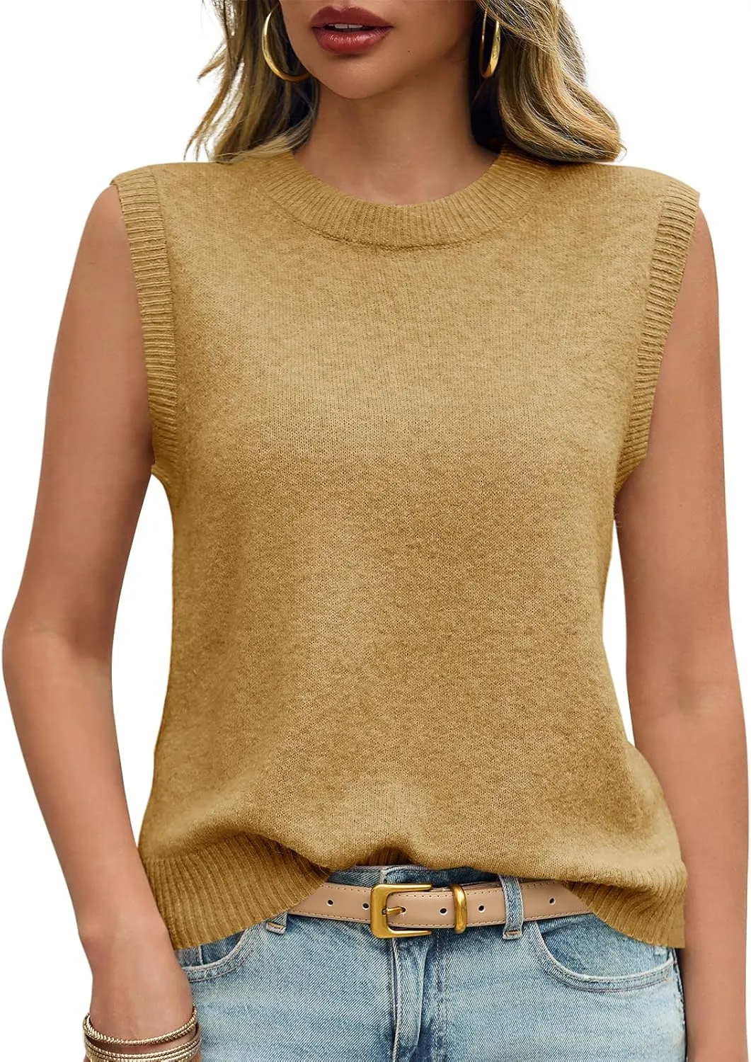 Saodimallsu Womens Sleeveless Sweater Vest Summer Casual Cap Sleeve Crew Neck Loose Knit Lightweight Pullover Tank Tops