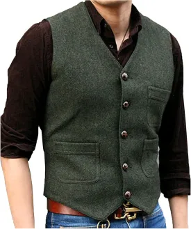 SOLOVEDRESS Mens Vintage Tweed Suit Vest V Neck Casual Wool Waistcoat for Wedding Groomsmen