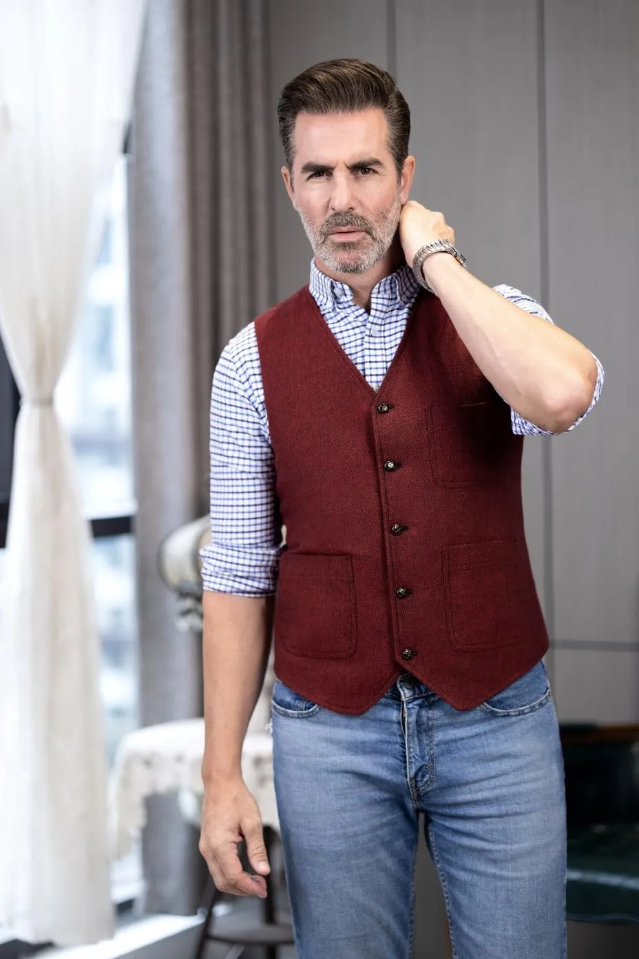 SOLOVEDRESS Mens Vintage Tweed Suit Vest V Neck Casual Wool Waistcoat for Wedding Groomsmen