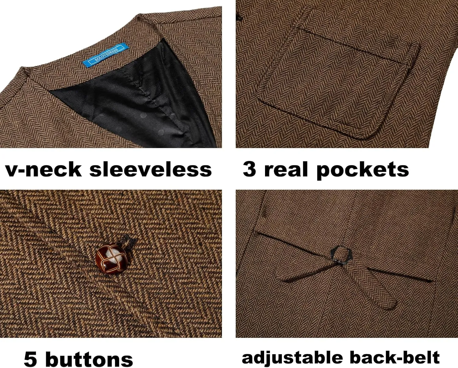 SOLOVEDRESS Mens Vintage Tweed Suit Vest V Neck Casual Wool Waistcoat for Wedding Groomsmen