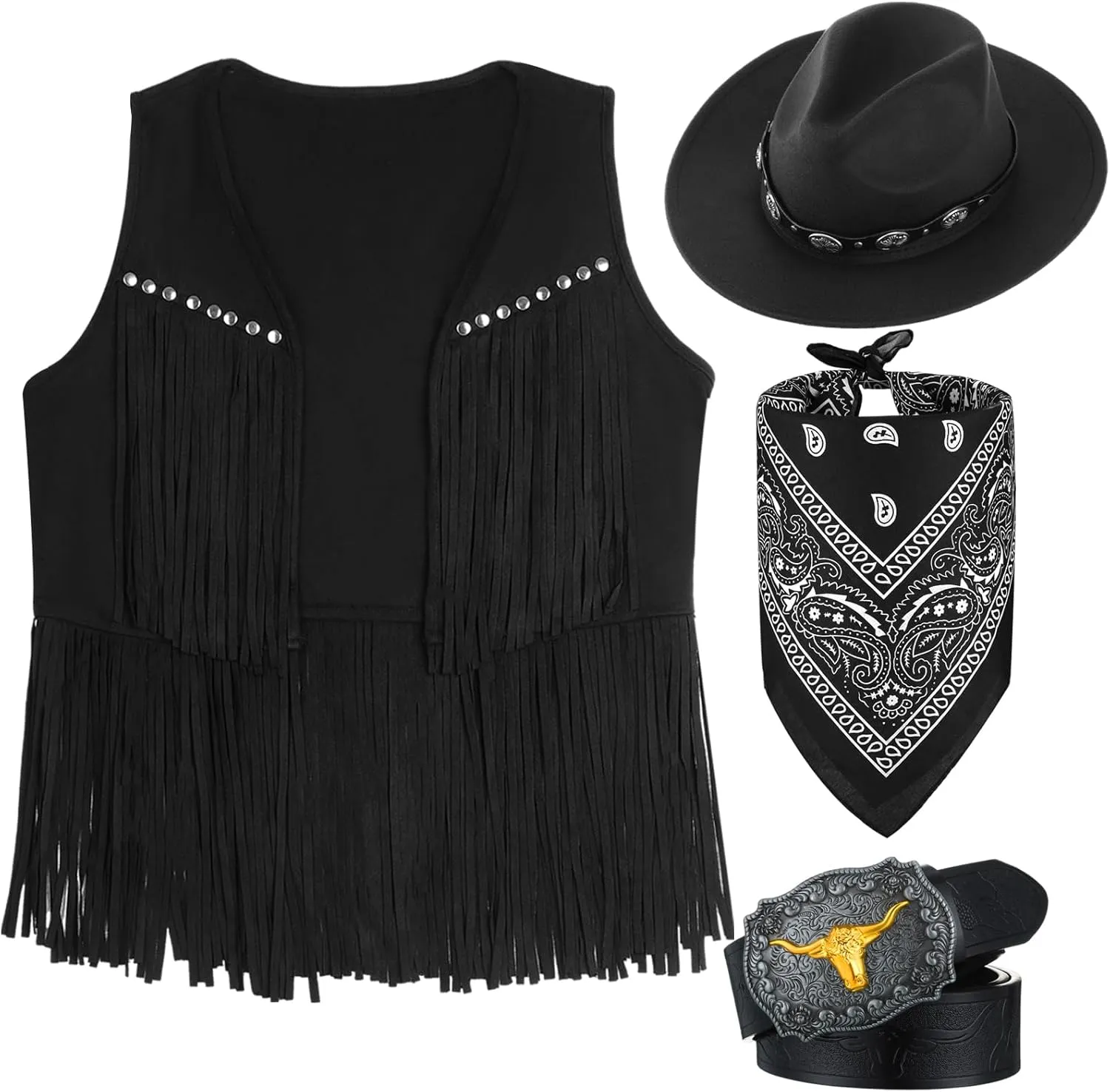 Suhine 4 Pcs Cowgirl Western Outfits for Women Sleeveless Tassel Vest Cowboy Hat Leather Buckle Belt Paisley Bandana