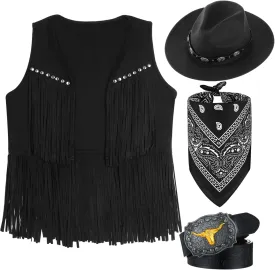 Suhine 4 Pcs Cowgirl Western Outfits for Women Sleeveless Tassel Vest Cowboy Hat Leather Buckle Belt Paisley Bandana