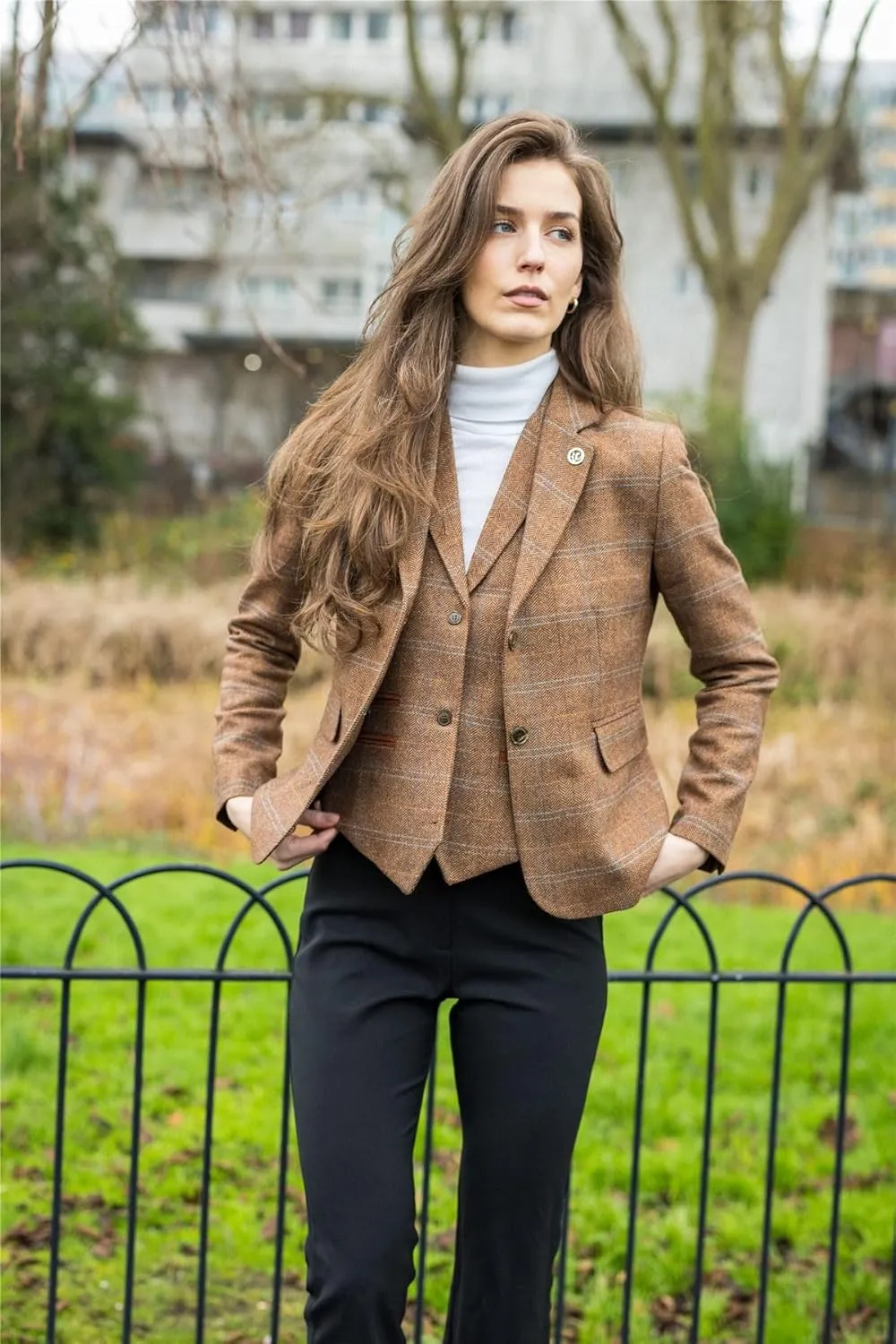 TruClothing Women's Waistcoat Wool Blend Tweed Herringbone Checkered Tailored Fit Ladies Vest