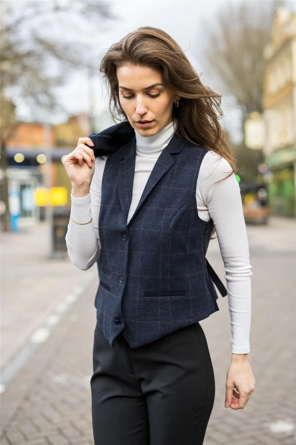 TruClothing Women's Waistcoat Wool Blend Tweed Herringbone Checkered Tailored Fit Ladies Vest