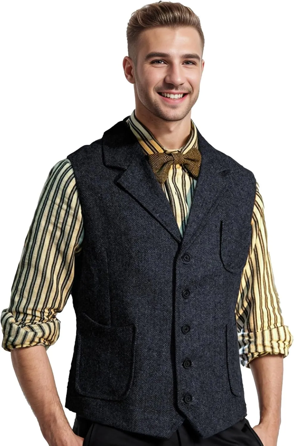 Vest for Men Formal Dress Business Casual Herringbone Tweed Vest Jacket for Men Waistcoat