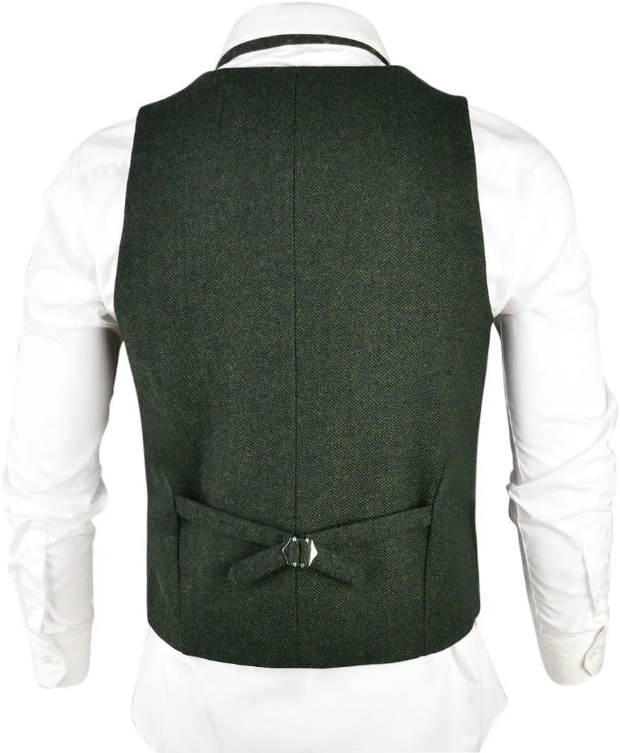 VOBOOM Mens Herringbone Tailored Collar Waistcoat Fullback Wool Tweed Suit Vest
