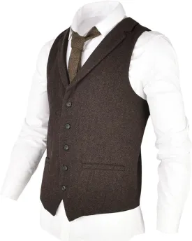 VOBOOM Mens Herringbone Tailored Collar Waistcoat Fullback Wool Tweed Suit Vest