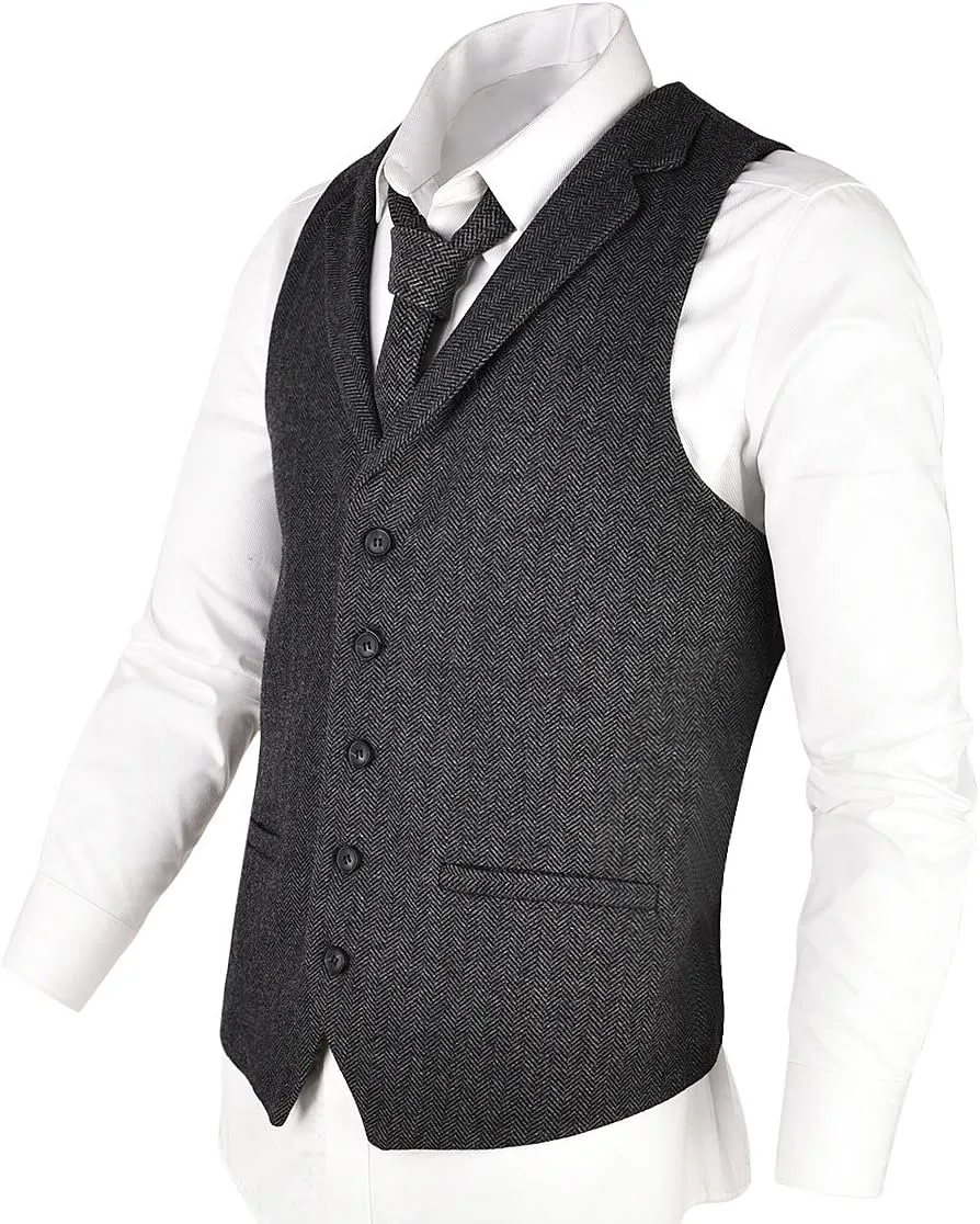 VOBOOM Mens Herringbone Tailored Collar Waistcoat Fullback Wool Tweed Suit Vest