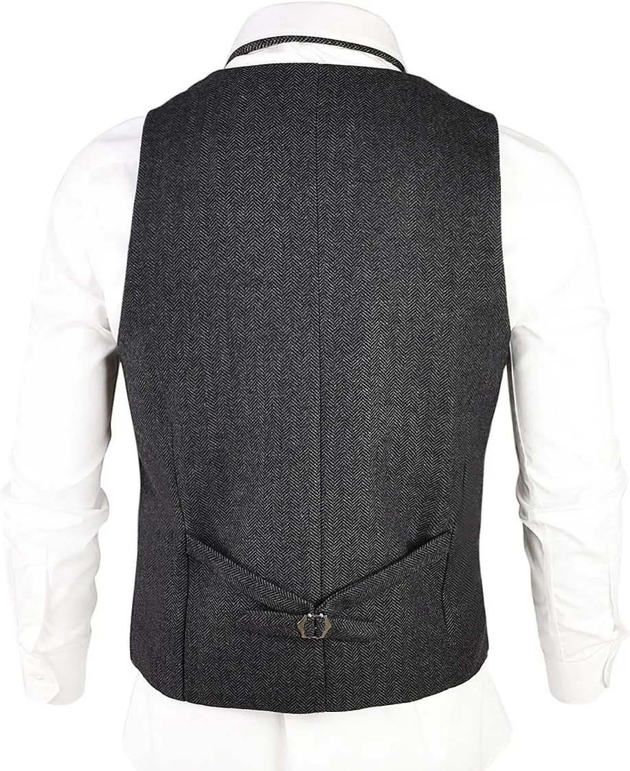 VOBOOM Mens Herringbone Tailored Collar Waistcoat Fullback Wool Tweed Suit Vest