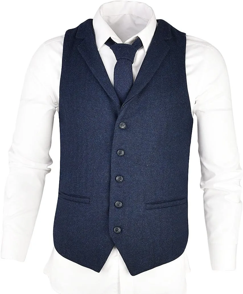 VOBOOM Mens Herringbone Tailored Collar Waistcoat Fullback Wool Tweed Suit Vest