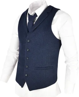 VOBOOM Mens Herringbone Tailored Collar Waistcoat Fullback Wool Tweed Suit Vest