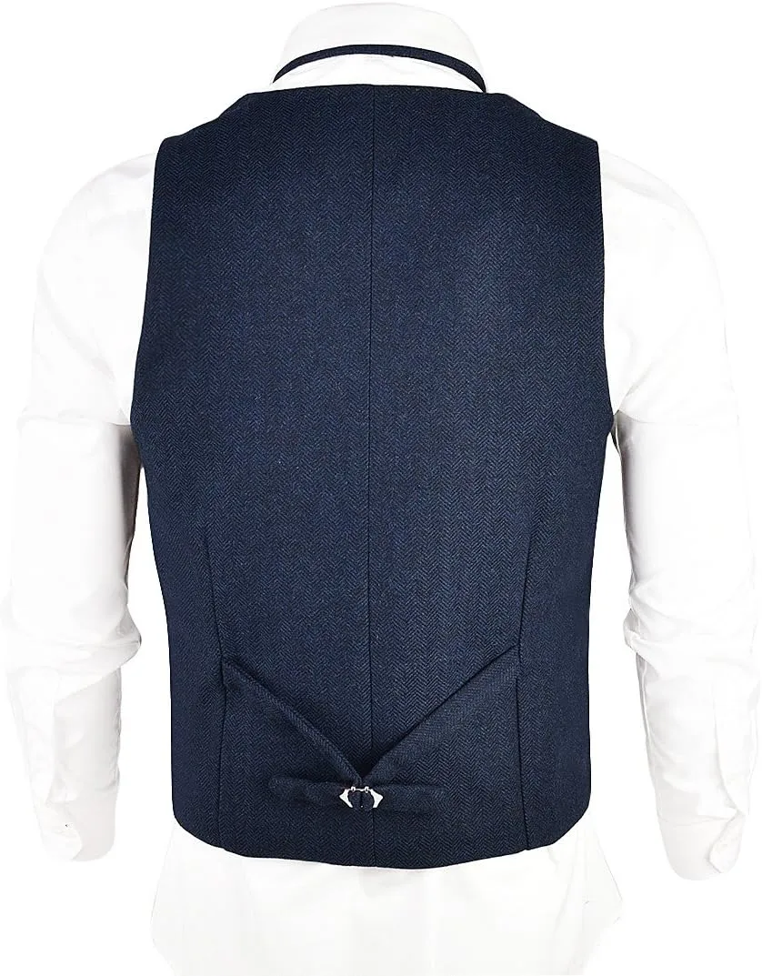 VOBOOM Mens Herringbone Tailored Collar Waistcoat Fullback Wool Tweed Suit Vest