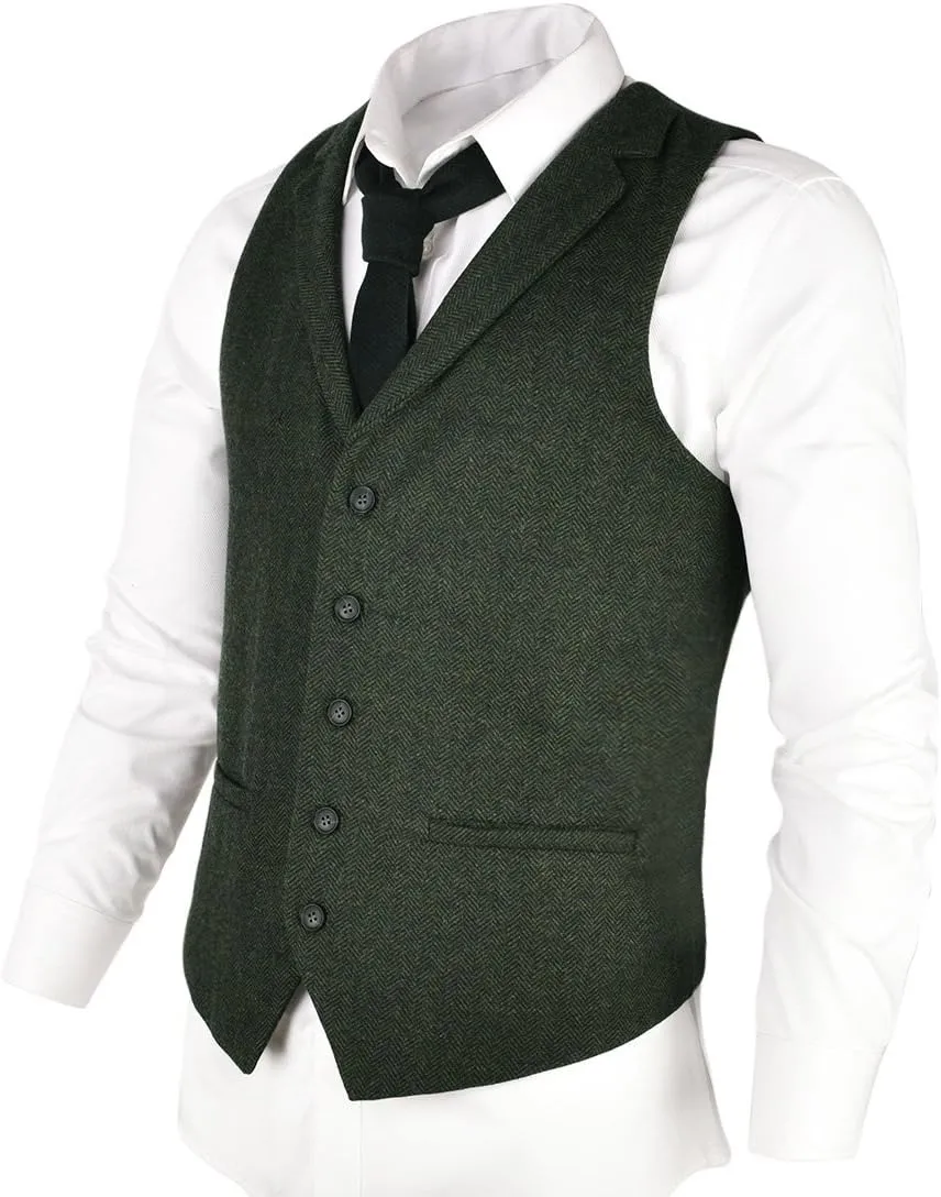 VOBOOM Mens Herringbone Tailored Collar Waistcoat Fullback Wool Tweed Suit Vest