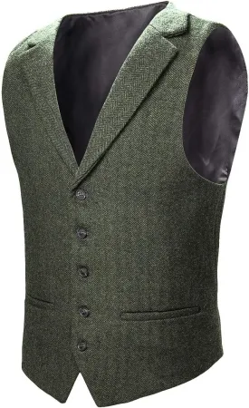 VOBOOM Mens Herringbone Tailored Collar Waistcoat Fullback Wool Tweed Suit Vest