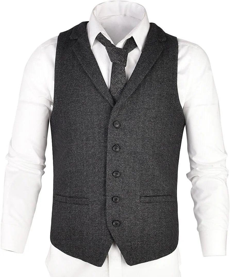 VOBOOM Mens Herringbone Tailored Collar Waistcoat Fullback Wool Tweed Suit Vest