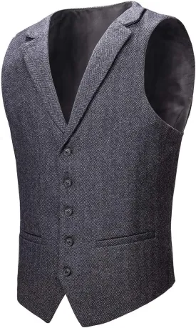 VOBOOM Mens Herringbone Tailored Collar Waistcoat Fullback Wool Tweed Suit Vest