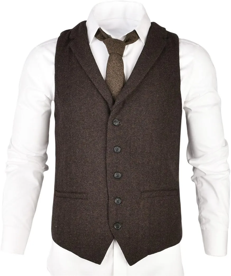 VOBOOM Mens Herringbone Tailored Collar Waistcoat Fullback Wool Tweed Suit Vest
