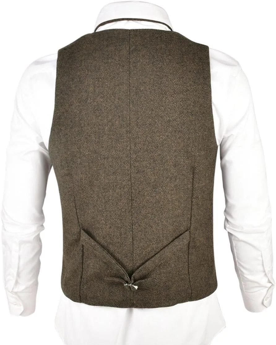 VOBOOM Mens Herringbone Tailored Collar Waistcoat Fullback Wool Tweed Suit Vest