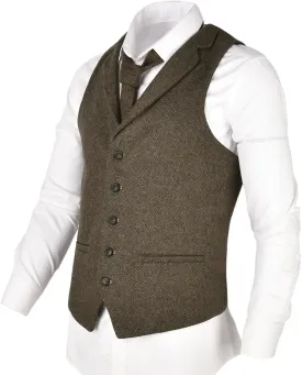 VOBOOM Mens Herringbone Tailored Collar Waistcoat Fullback Wool Tweed Suit Vest