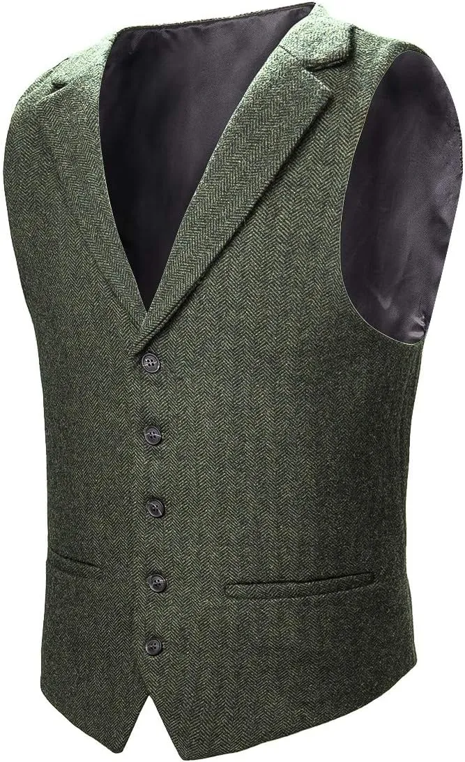 VOBOOM Mens Herringbone Tailored Collar Waistcoat Fullback Wool Tweed Suit Vest