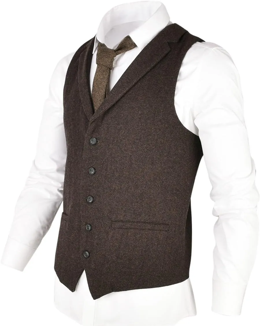 VOBOOM Mens Herringbone Tailored Collar Waistcoat Fullback Wool Tweed Suit Vest
