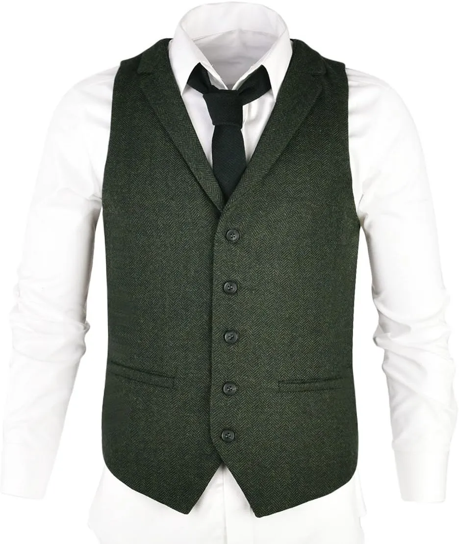 VOBOOM Mens Herringbone Tailored Collar Waistcoat Fullback Wool Tweed Suit Vest