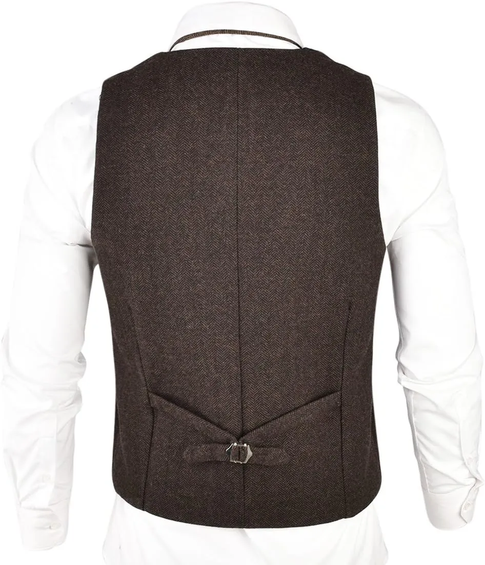 VOBOOM Mens Herringbone Tailored Collar Waistcoat Fullback Wool Tweed Suit Vest