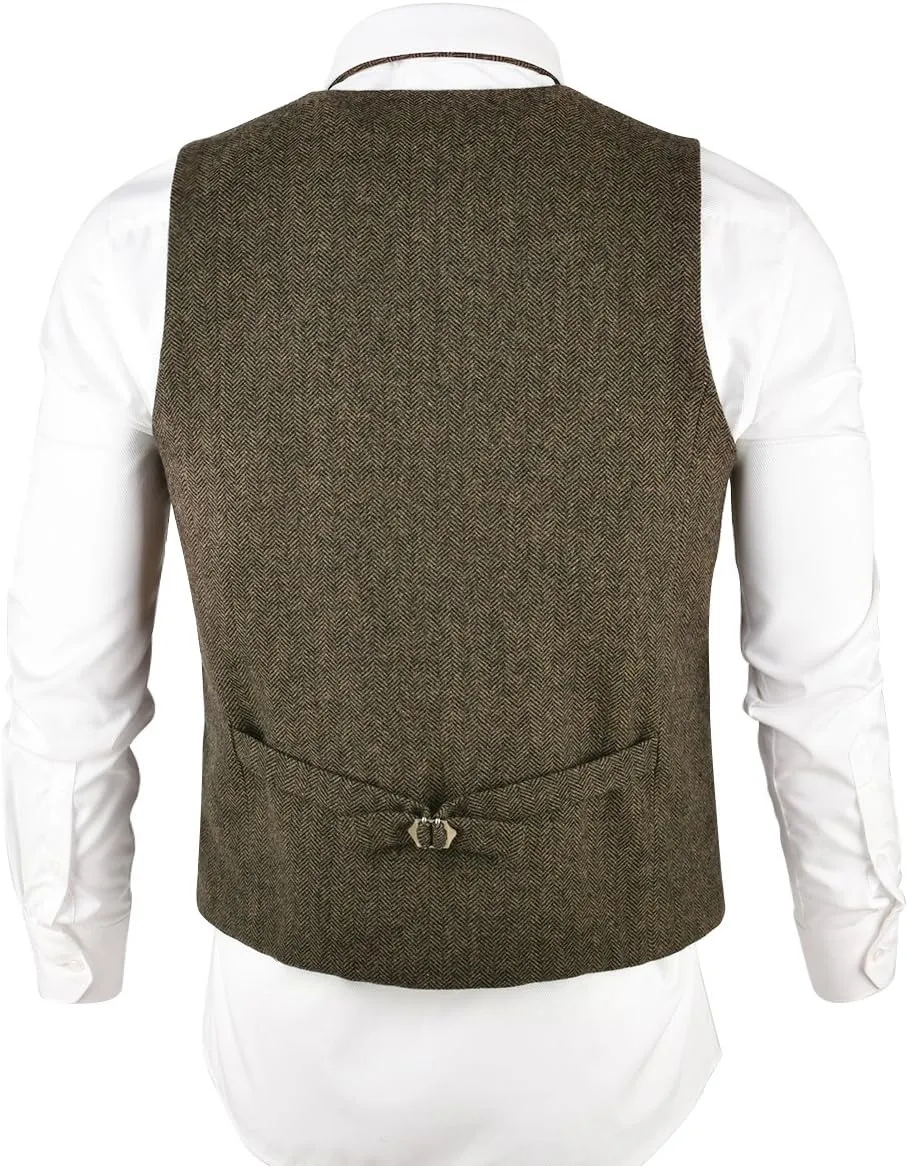 VOBOOM Men's Slim Fit Herringbone Tweed Suits Vest Premium Wool Blend Waistcoat