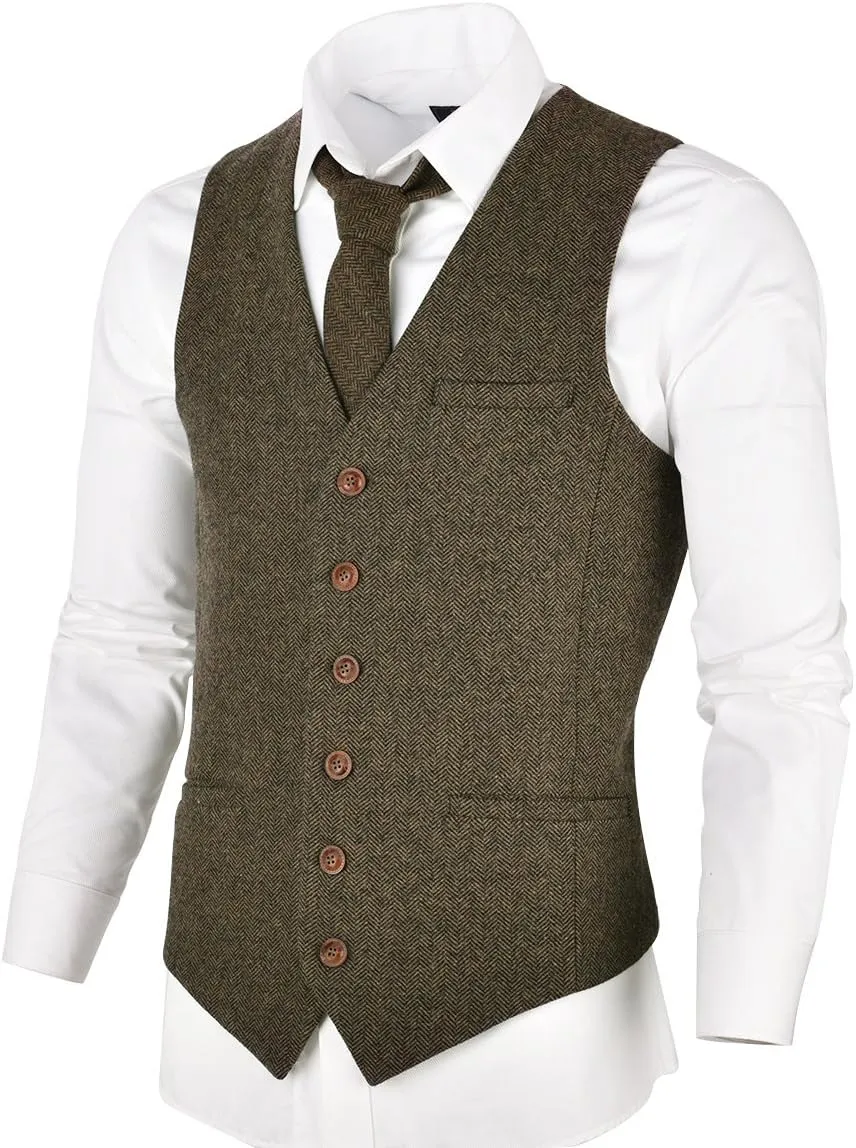 VOBOOM Men's Slim Fit Herringbone Tweed Suits Vest Premium Wool Blend Waistcoat