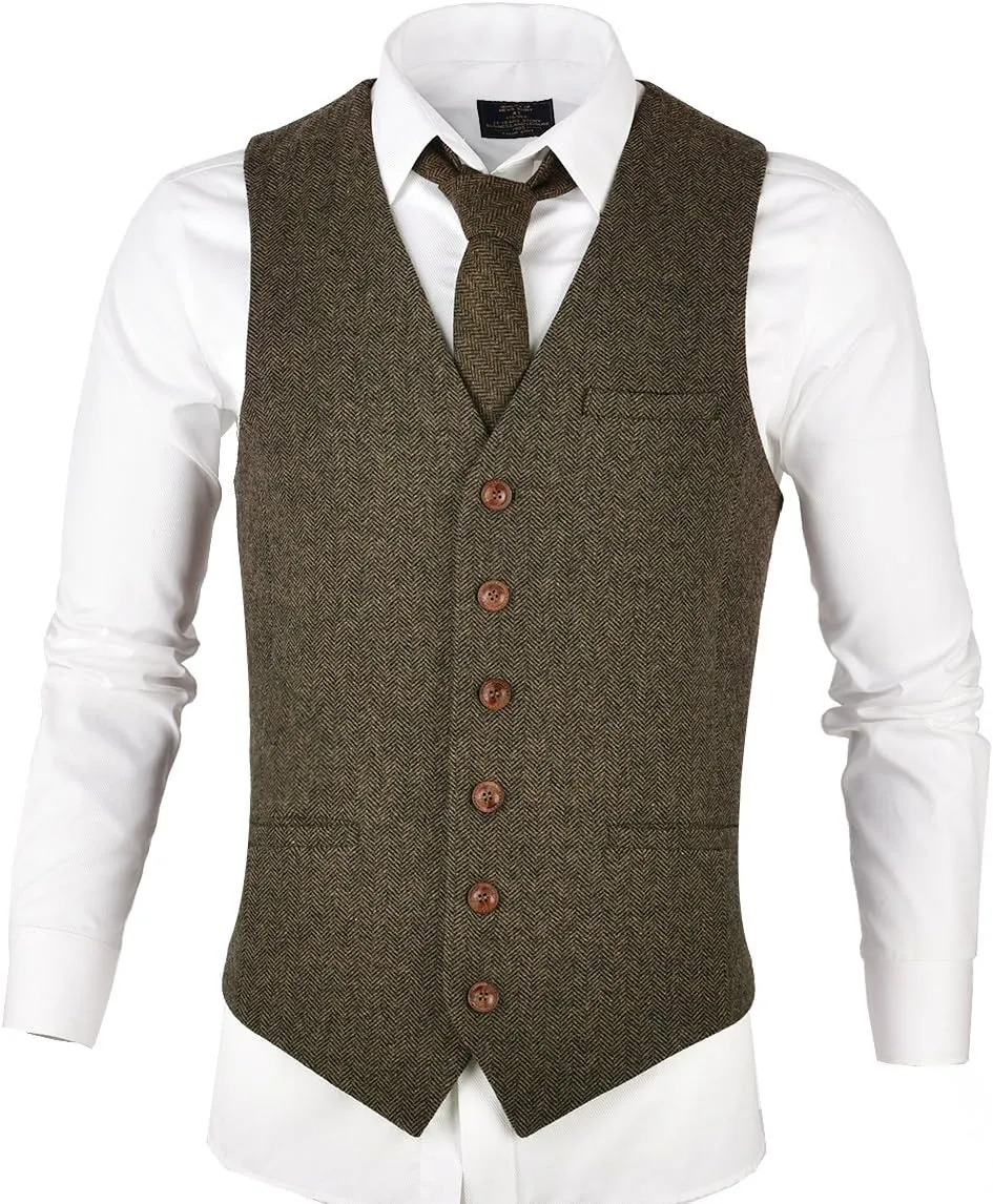 VOBOOM Men's Slim Fit Herringbone Tweed Suits Vest Premium Wool Blend Waistcoat