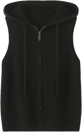 WomenS Casual Hooded Sleeveless Merino Wool Cardigan Vest Sweater Zipper Closure Knit Hoodie Tank Top