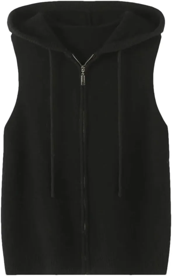 WomenS Casual Hooded Sleeveless Merino Wool Cardigan Vest Sweater Zipper Closure Knit Hoodie Tank Top