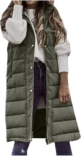 Womens Long Vest Winter Warm Reversible Coats Sleeveless Fleece Jacket Casual Hooded Zipper Outwear with Pockets