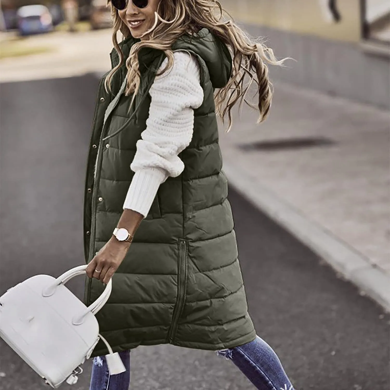 Womens Long Vest Winter Warm Reversible Coats Sleeveless Fleece Jacket Casual Hooded Zipper Outwear with Pockets