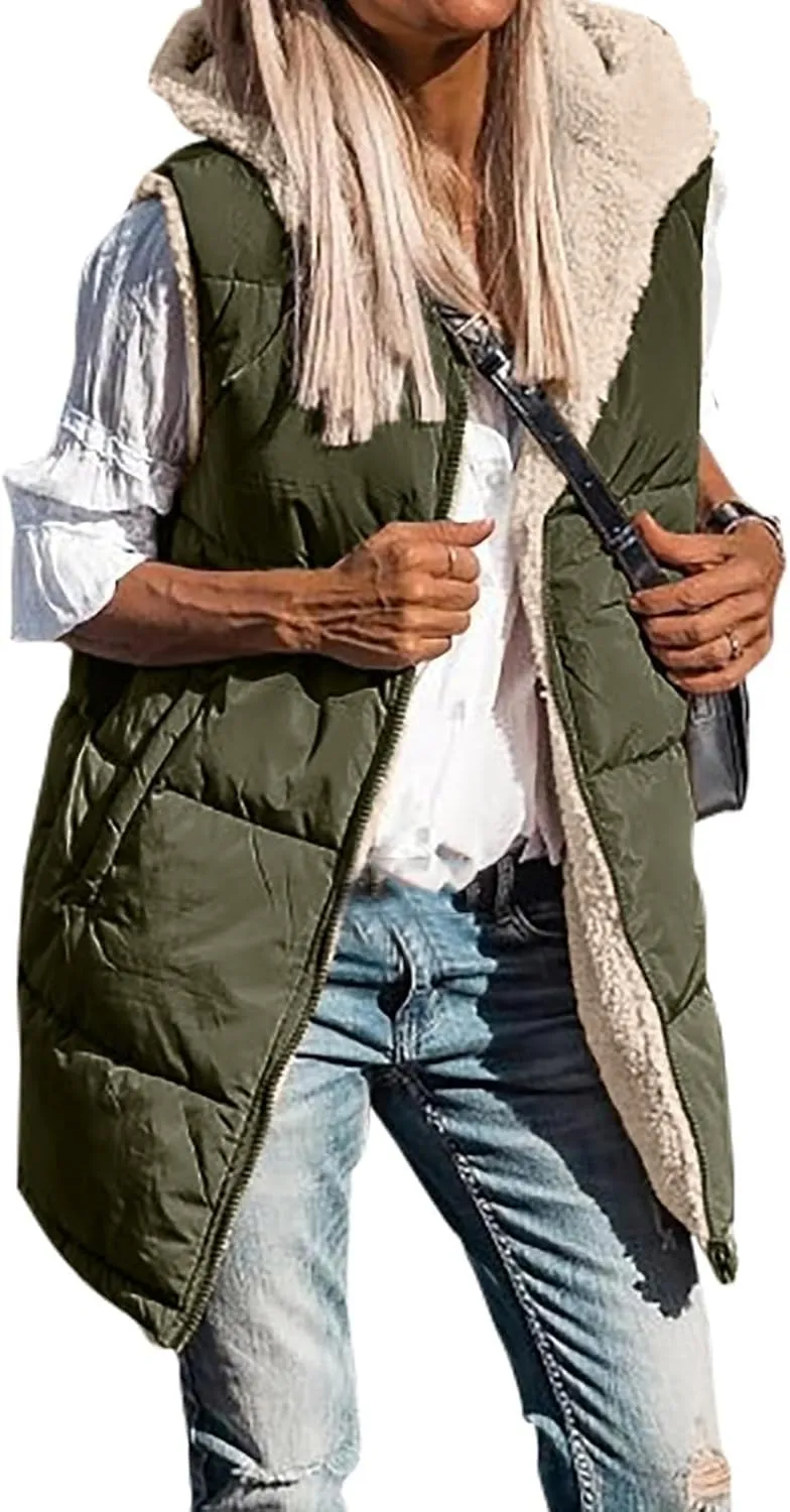 Womens Long Vest Winter Warm Reversible Coats Sleeveless Fleece Jacket Casual Hooded Zipper Outwear with Pockets