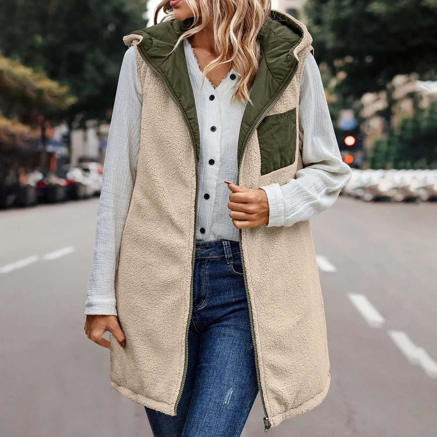 Womens Long Vest Winter Warm Reversible Coats Sleeveless Fleece Jacket Casual Hooded Zipper Outwear with Pockets