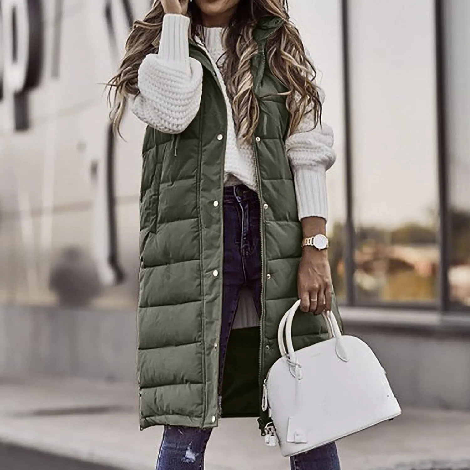 Womens Long Vest Winter Warm Reversible Coats Sleeveless Fleece Jacket Casual Hooded Zipper Outwear with Pockets