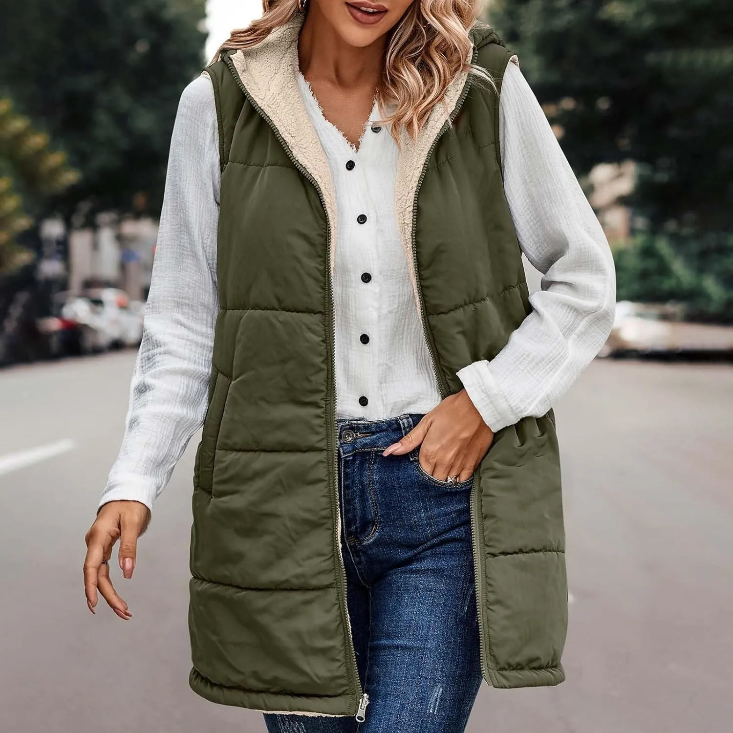 Womens Long Vest Winter Warm Reversible Coats Sleeveless Fleece Jacket Casual Hooded Zipper Outwear with Pockets