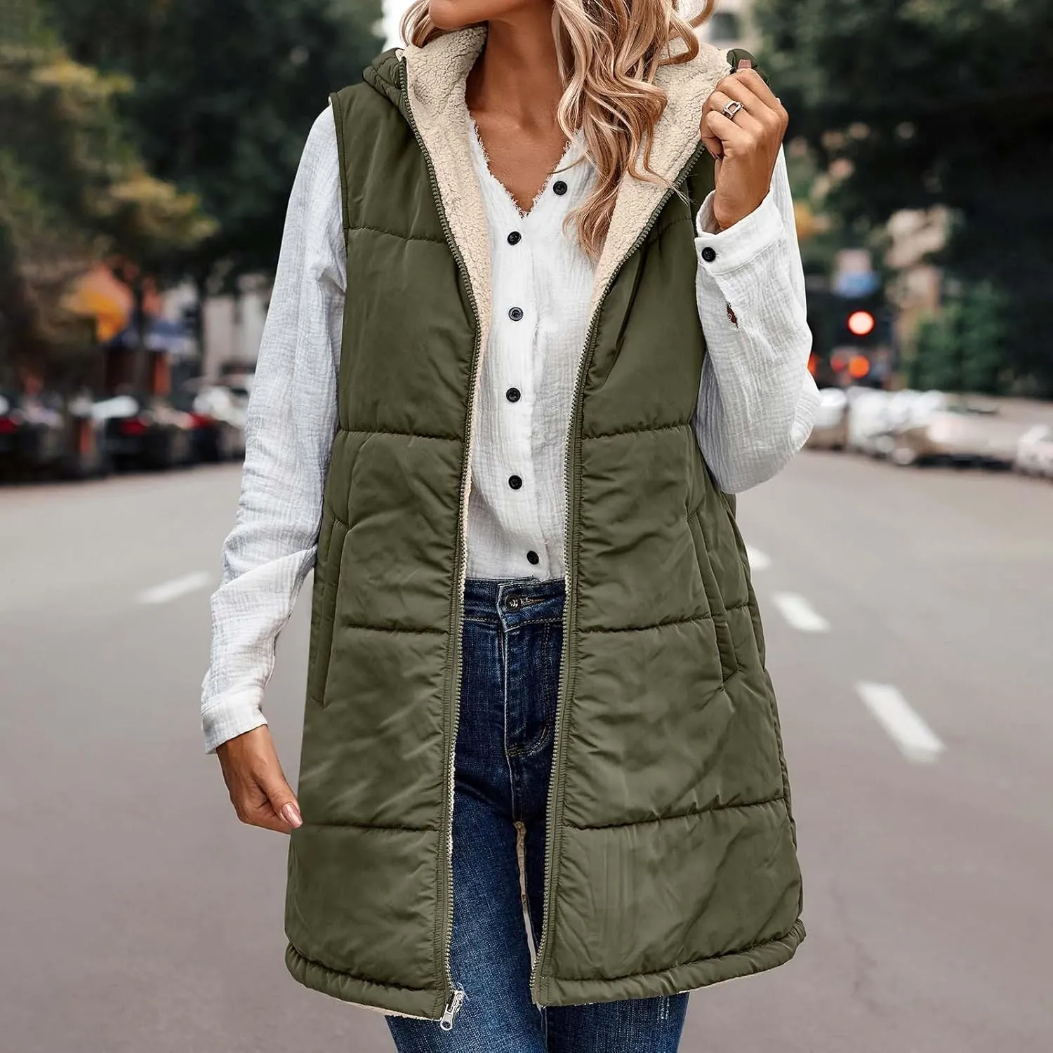 Womens Long Vest Winter Warm Reversible Coats Sleeveless Fleece Jacket Casual Hooded Zipper Outwear with Pockets