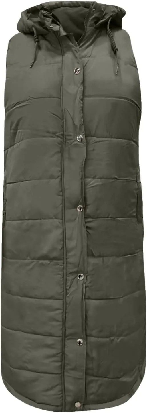 Womens Long Vest Winter Warm Reversible Coats Sleeveless Fleece Jacket Casual Hooded Zipper Outwear with Pockets