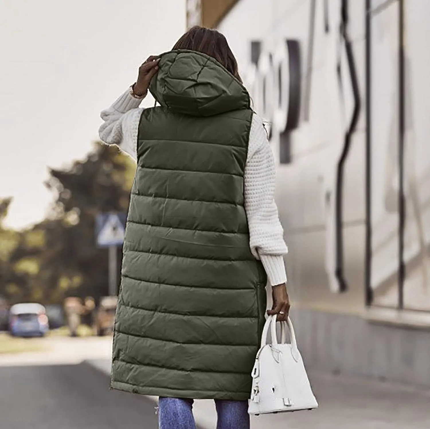 Womens Long Vest Winter Warm Reversible Coats Sleeveless Fleece Jacket Casual Hooded Zipper Outwear with Pockets