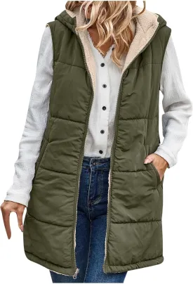 Womens Long Vest Winter Warm Reversible Coats Sleeveless Fleece Jacket Casual Hooded Zipper Outwear with Pockets