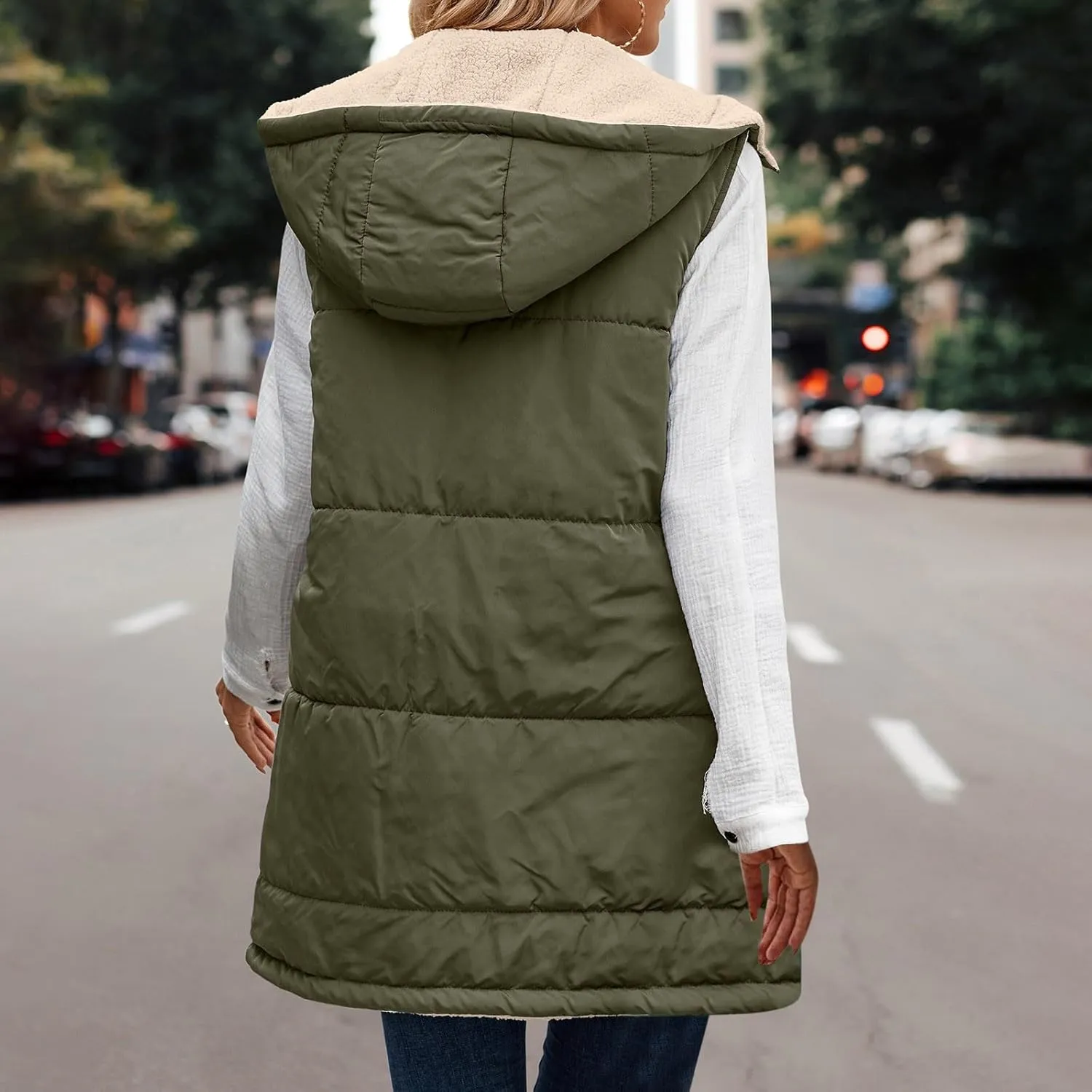 Womens Long Vest Winter Warm Reversible Coats Sleeveless Fleece Jacket Casual Hooded Zipper Outwear with Pockets