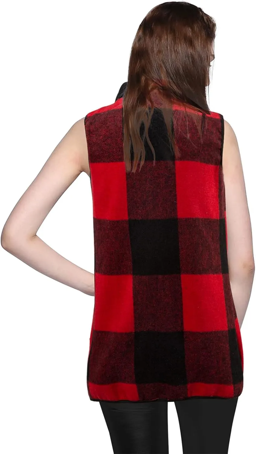 Women's Plaid Vest Casual Lapel Open Front Sleeveless Cardigan Jacket Coat with Pockets