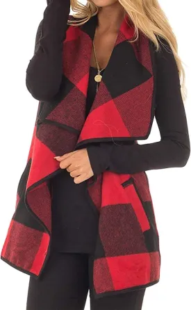 Women's Plaid Vest Casual Lapel Open Front Sleeveless Cardigan Jacket Coat with Pockets
