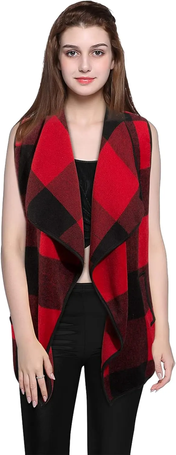 Women's Plaid Vest Casual Lapel Open Front Sleeveless Cardigan Jacket Coat with Pockets