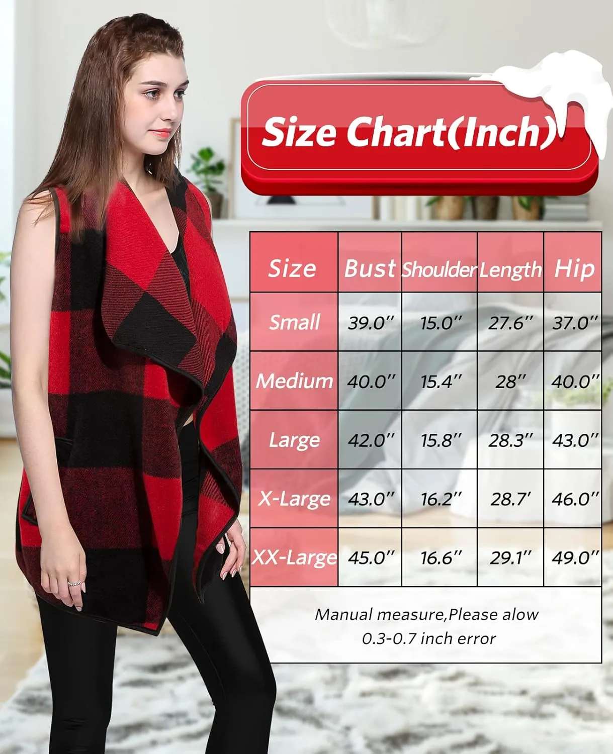 Women's Plaid Vest Casual Lapel Open Front Sleeveless Cardigan Jacket Coat with Pockets